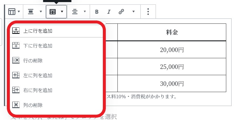 表の行列の追加・削除（イメージ）